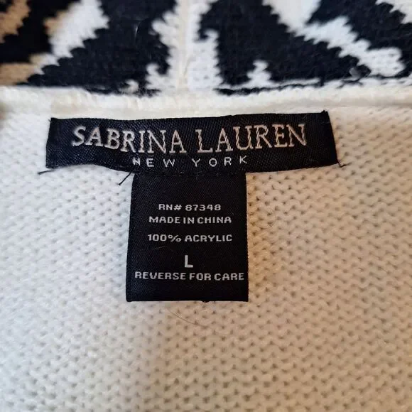 Sabrina Lauren White Black Aztec Print Knit Open Front Cardigan Boho Hippie Sz L - Picture 3 of 9